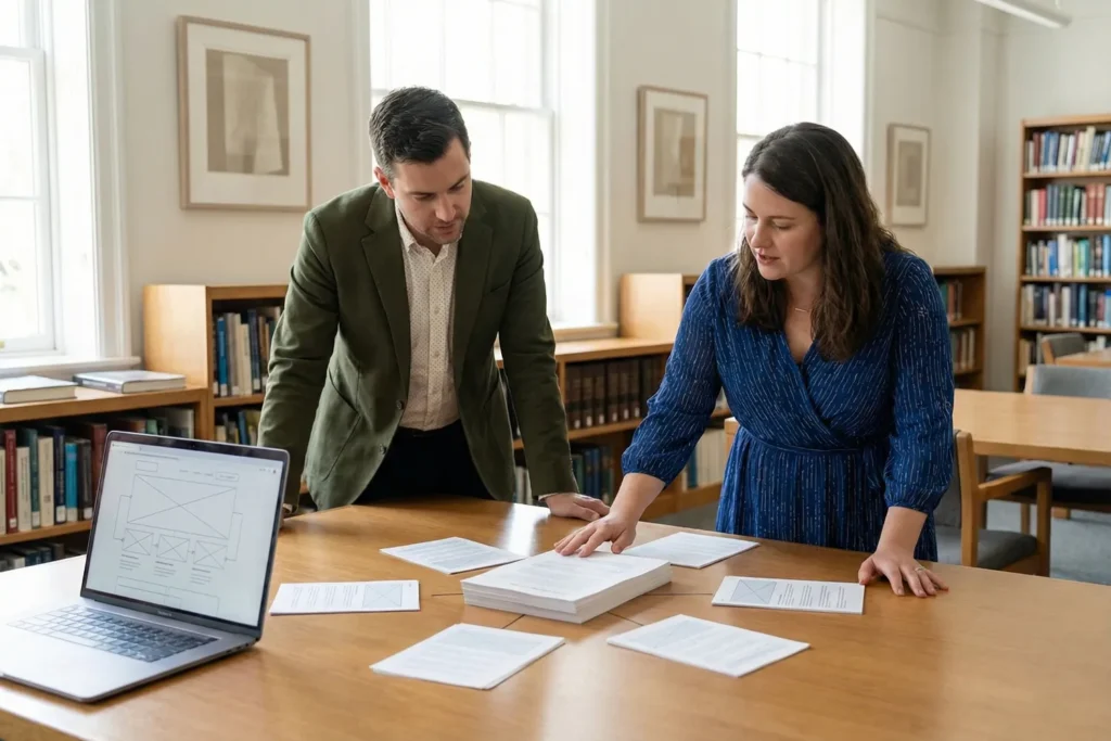 A man SEO architect and a woman content strategist review interconnected content pages arranged in a structured layout at a professional workspace.