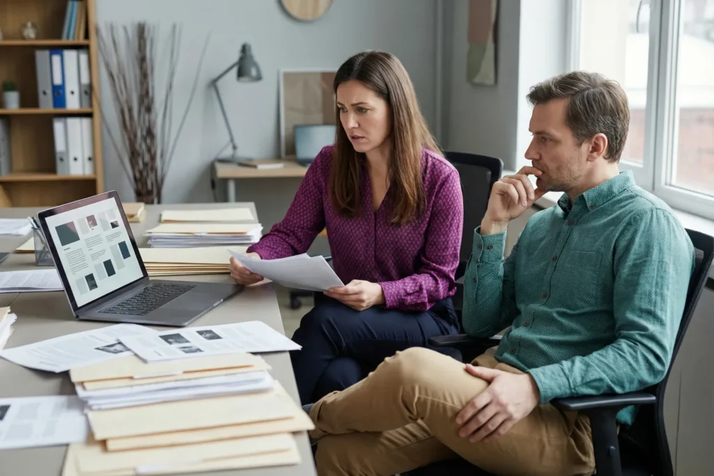 An SEO auditor and a content manager examine scattered website pages and analytics on a desk while discussing content performance issues in a natural office setting.