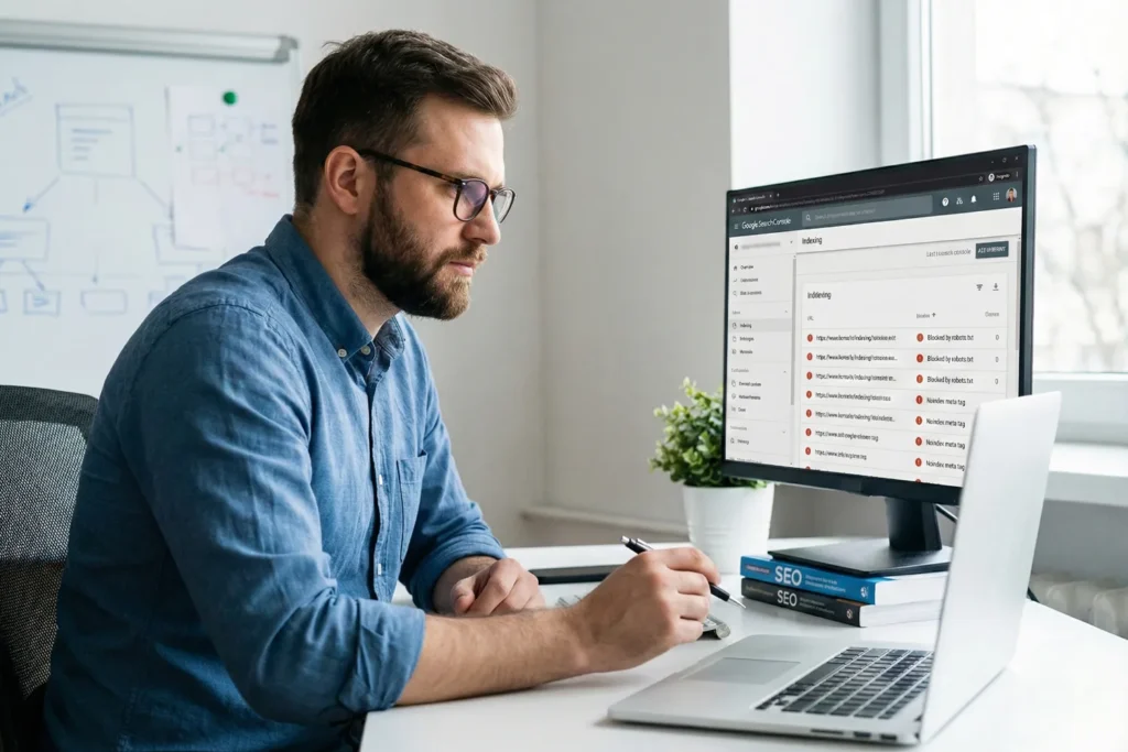 A developer is sitting at his desk and looking closely at a computer screen that is displaying indexing issues in Google Search Console. The screen shows blocked pages and noindex meta tag errors. The background features a modern workspace with a plant and a whiteboard filled with SEO notes.